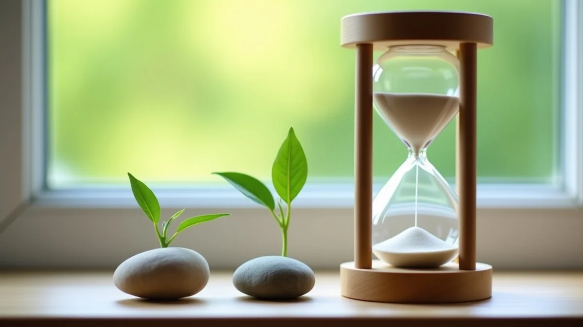 An hourglass stands beside a small sprouting plant and a smooth stone on a bare wooden windowsill