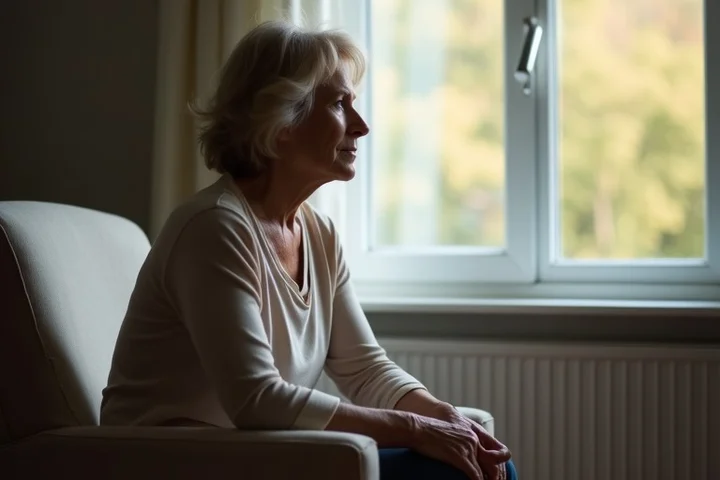 A middle-aged woman sits quietly in a living room beside an empty armchair