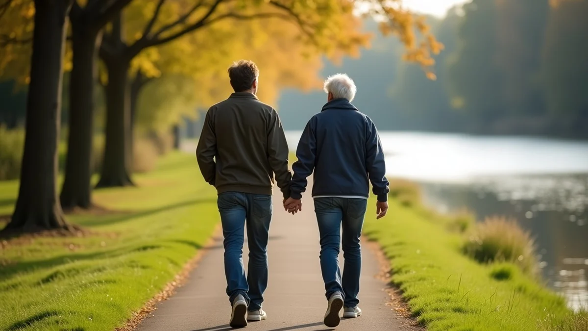Two mature adults walk side by side along a quiet riverside trail