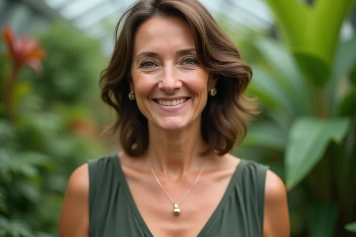A poised middle-aged woman stands for a natural portrait in a bright botanical conservatory